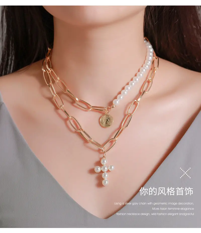 Grosir kustom multilapis perhiasan liontin manik kalung berlapis emas salib mutiara kalung perhiasan untuk wanita