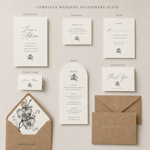 Suite de papeterie de mariage minimaliste à motifs floraux, motif <span class=keywords><strong>d</strong></span>'orchidée en croquis monochrome, cartes <span class=keywords><strong>d</strong></span>'invitation de mariage élégantes et luxueuses personnalisées - Product Image 3