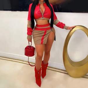 Zzhe set 2 potong seksi untuk wanita, pakaian butik pakaian jalan, atasan crop kerah berdiri warna tambal sulam dan rok mini modis - Product Image 1