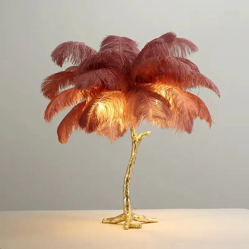 Luxo Avestruz Nórdico Moderno Branco Rosa Roxo Tripé Flor Pena Romântica Luz Decorativa Candeeiro De Mesa