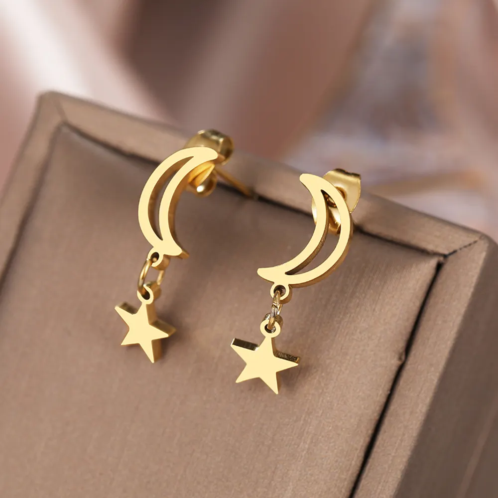 Stainless Steel Earrings 2022 Trends Sweet Moon Star Pendants Korean Kpop Fashion Tassel Earrings For Women Jewelry Girl Gifts