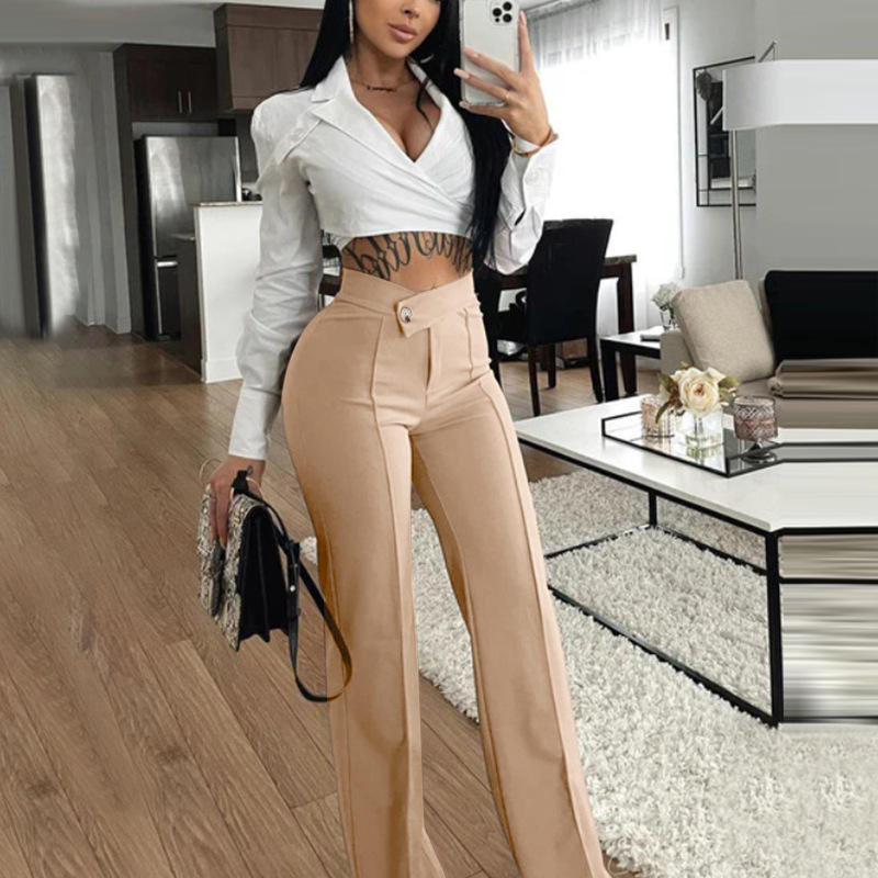 FS10442D Solid Color Wide Leg Pants Ladies Office Wear Trousers