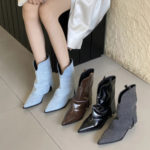 Pointed <strong>Trouser</strong> <strong>Boots</strong> Women's Shoes 2023 Autumn/Winter New V-shaped Slim Thick Heel Slim <strong>Boots</strong> Fashion Short <strong>Boots</strong> for Ladies - Product Image 1