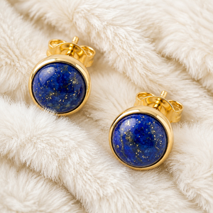 Pendientes de tuerca redondos de lapislázuli chapados en oro, personalizados al por mayor, OEM/ODM - Product Image 2