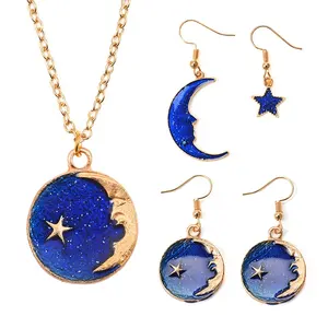 New Dream Planet Necklace Earrings Set Girl Blue Moon Stars Necklace Long Asymmetrical Earrings Zinc Alloy Opp Bag Hiphop Islam