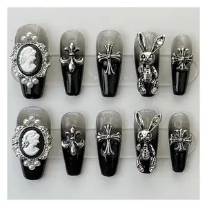 Handmade Metal Art Decoration Square Long Press On Full Cover False Hand Nail Stickers Black Artificial Fingernails Tips