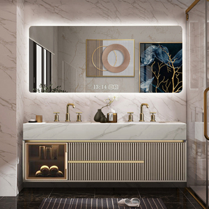 Armoire de salle de bain moderne de luxe, vanité de salle de bain avec comptoir en pierre frittée et éviers doubles