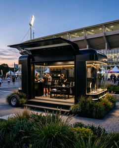 ฝาครอบดุมล้อโครเมียมแบบเพลาเดียว สีดำด้าน พร้อมกระจกโค้งสองด้าน ตู้โชว์สองชั้นแบบขั้นบันไดไม้ สำหรับร้านขายชุดกีฬาเคลื่อนที่ - Product Image 1
