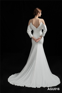 Robes de mariée lisses de sirène d'épaule russe de satin de manches longues de dos blanc avec la manche - Product Image 2