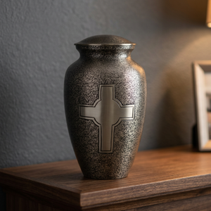 Metal Cremation Urn <b>Ashes</b> Vase Silver Speckled Cross Memorial <b>Keepsake</b> Handmade Funeral Decor - Indian Home Crafts - Product Image 3