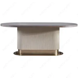 木製ベニヤトップPUレザーカバーコラムとステンレススチールベースルーム豪華なデザインモダンなダイニングテーブル