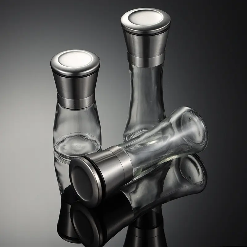 Penggiling garam dan Lada dengan kepala Stainless Steel/160ml, penggiling garam kaca botol inti keramik dapat disesuaikan