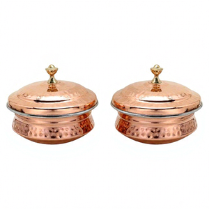 High Demand Round Copper & Stainless Steel Handi Set <b>with</b> <b>Lid</b> & Knob Carved Luxury Indian <b>Serving</b> <b>Bowl</b> for Hotels Home Catering - Product Image 1