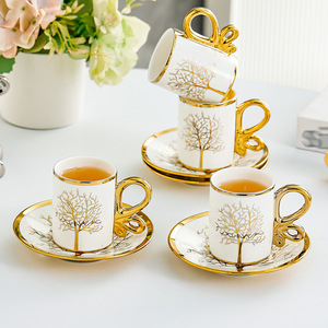 Ensemble de tasses à café en céramique plaquées or avec motif d'arbre et soucoupes pour les goûters de l'après-midi - Product Image 3