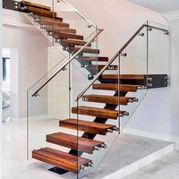 Escalier de grenier moderne en acier et bois, en forme de L, avec monopoutre, marches en hêtre de 40 mm d'épaisseur et garde-corps en verre, fabriqué en Chine