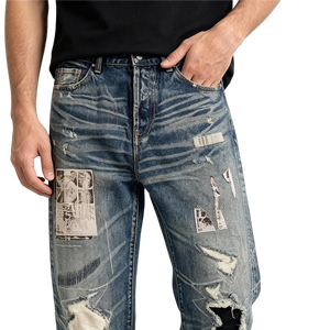 Jeans Vintage Stile Streetwear Giapponese per Uomo, Pantaloni Denim Y2K con Effetto Usurato e Patchwork, Stampa Grafica Retrò, Gamba Dritta - Product Image 4