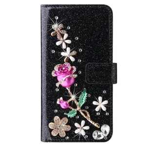 Wallet Cover for Apple iPhone 5 6 7 8 XS XR 11 12 13 14 15 Pro Max Samsung Galaxy S23 Plus S24+ Elegant Rose Diamond Flip Case