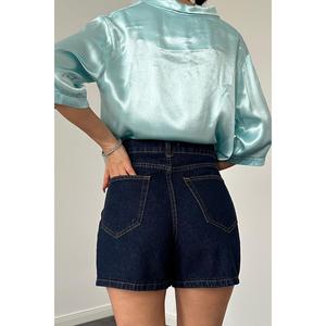 Shorts de Mezclilla de Cintura Alta para Mujer, Corte Recto, Algodón Transpirable, Color Azul Verano - Product Image 1