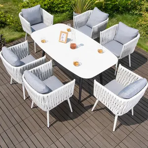 Outdoor Seil weben Terrassen möbel für Garten 63 Zoll Marmor tisch und Stühle weiß Kunststoff Rattan 7pc