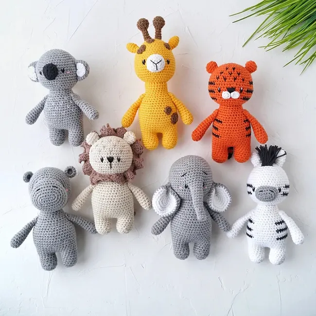 Safari stuffed baby toys, Knit jungle animals cuddle toys, 100% hand woven cotton doll crochet for baby gifts