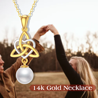 YFN Bijoux 14k Solide Jaune Or Irlandais Celtique Noeud Perle Pendentif Collier Pour Les Femmes