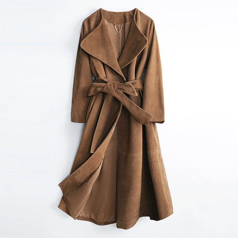 3156-1 Hot Sale Casual Cow Leather Coat Customizable Colors Brown Suede Trench Coat With Belt for Women