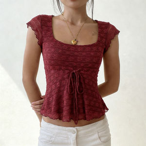 Camiseta sin Mangas con Estampado Floral, Transpirable, Tejida, Ecológica, con Cuello Cuadrado, Adorno de Volantes, Lazo Delantero, Estilo Casual y Fresco - Product Image 1