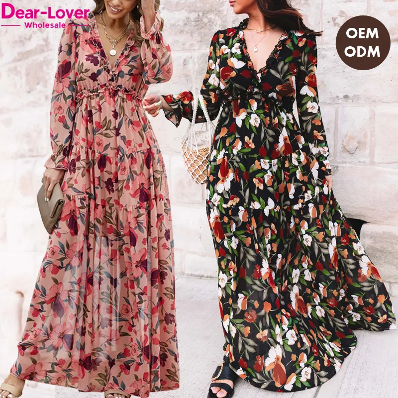 Dear-Lover OEM ODM Bulk Wholesale Women Tiered Pleat Ruffle Elegant Floral Printing Bohemian Boho Long Sleeve Maxi Dress Ladies