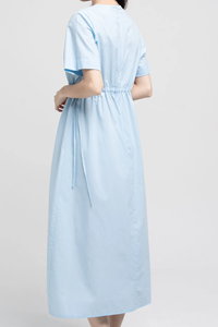 Light Blue O-Neck Loose Midi Dress With Drawstring <b>Elastic</b> Waist Short Sleeve Casual Summer Woven Cotton Solid Color Flared Hem - Product Image 5