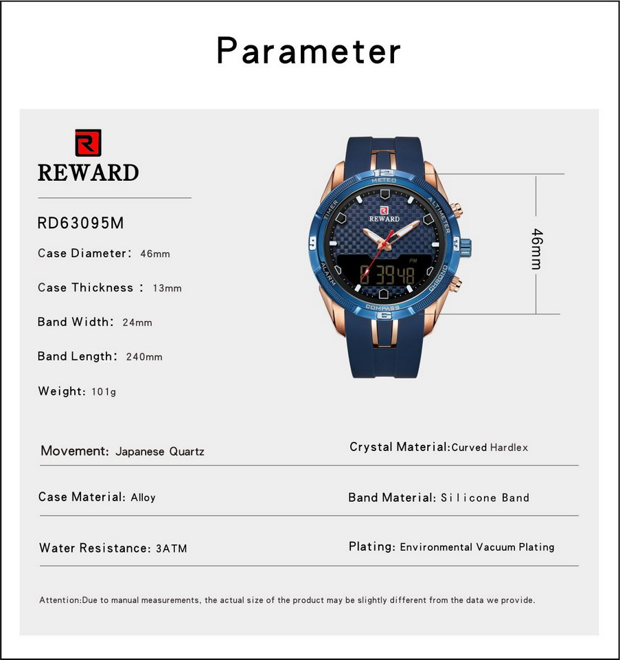 REWARD Men's Watches Silicone Double Movement Digital Electronic Watch Men Sports Waterproof LED Quartz Watch Relogio Masculino