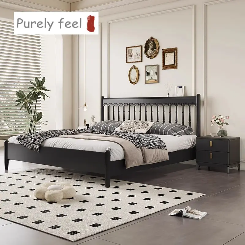 PurelyFeel Vintageฝรั่งเศสสีดําเตียงไม้เนื้อแข็งโมเดิร์นNordic 1.8Mเตียงคู่ 1.5 ห้องนอนเจ้าหญิงเตียง