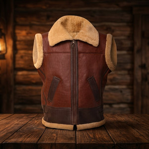 Veste de motard en cuir véritable pour homme, confortable, respirante, sans manches, décontractée, doublée en sherpa, col montant, unie, pour l'hiver - Product Image 3