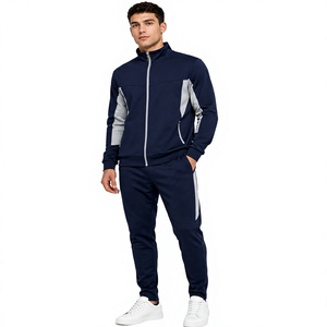 Unisex <b>Navy</b> Blue Grey Full-Zip Stand Collar Jacket <b>Jogger</b> Pants Tracksuit Set 100% Cotton Breathable Quick-Dry Eco-Friendly - Product Image 3
