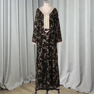 Hochwertige schwarze Drucks pitze V-Ausschnitt Abaya Dubai Türkei Party Eid Maxi Robe Islamische Frauen Muslimische Kleider