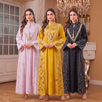 Abaya élégante en polyester pour l'automne et l'hiver, col montant, broderie de paillettes, garniture à franges, coupe ample, robe longue modeste pour femmes musulmanes