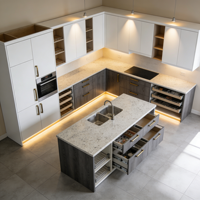 Cuisine contemporaine haut de gamme en U sur mesure avec four encastré, éclairage LED d'ambiance et rangement du sol au plafond