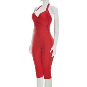 Viviblook Y26ST219 Women Summer <b>Set</b> <b>Sexy</b> Sleeveless Halter Lace Up Backless Tank Top Solid Color Cropped Pants Two Pieces <b>Set</b> - Product Image 5