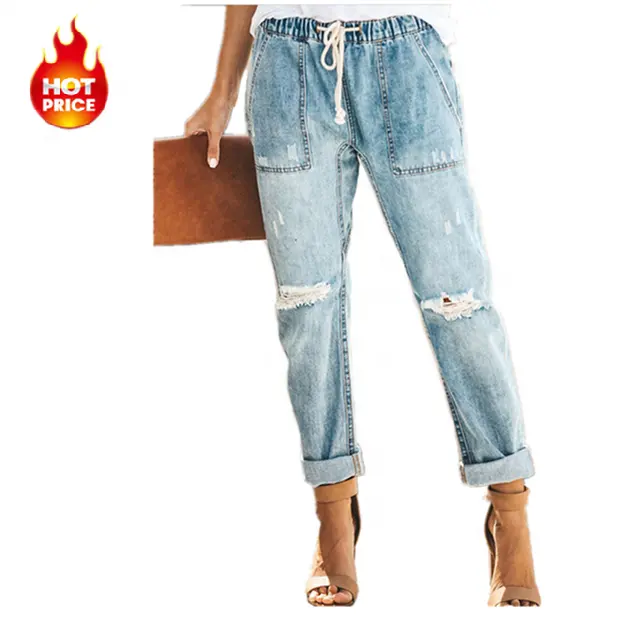 Bh11 calça jeans feminina, fita rasgada de perna larga, casual e reta