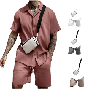 Luxury Thermal 300g <b>Knitted</b> Two-Piece <b>Set</b> Men Button-Down Summer Short Sleeve Shirt Pleated Satin Shorts Smart Casual Print - Product Image 1