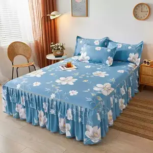 Yatak etek seti çift katmanlı yatak örtüsü çiçek baskılı çarşaf çift taraflı yatak etek + 2 adet yastık kılıfı çarşaf