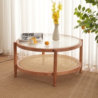 Table basse en bois d'hévéa nordique avec plateau en verre trempé tressé, espace de rangement, design moderne et élégant, pour salon, balcon, usage de loisirs, double niveau