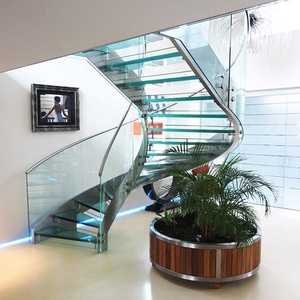 Escalier flottant incurvé <span class=keywords><strong>de</strong></span> luxe moderne avec garde-corps en verre sans cadre, marches en bois massif et structure en acier - Product Image 1
