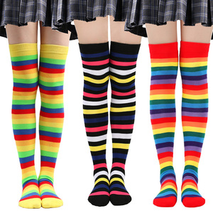 Bas colorés mi-cuisses pour femmes, chaussettes à rayures arc-en-ciel pour loisirs, fête, adolescents, étudiants, cosplay anime, danse, bas pour dames - Product Image 1