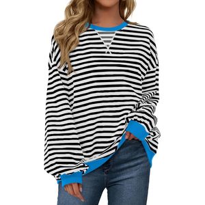 Fisoew Women's Striped Oversized Sweatshirt Color Block Crew Neck Long Sleeve Casual Loose Pullover <b>Top</b> <b>Y2K</b> Style - Product Image 1