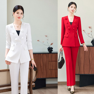 Women's Double-Breasted Wide-Leg Suit Set Solid Color Polyester Spring Work Casual Wear - Product Image 1
