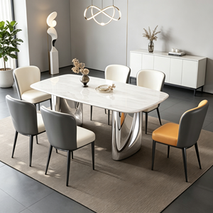 Ensemble de table à manger rectangulaire de luxe en pierre frittée, base en acier inoxydable blanc avec 6 chaises en PU aux couleurs assorties, meubles de salle à manger - Product Image 6