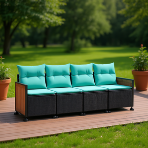 Ensemble de canapés de jardin 4 places en rotin noir avec pieds réglables, mobilier d'extérieur, structure en teck, design contemporain - Product Image 2