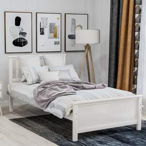Lit double moderne américain DB Lit à plateforme en bois massif de taille double avec tête de lit, pied de lit et support à lattes en bois en tissu blanc - Product Image 1