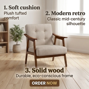 Fauteuil de salon <span class=keywords><strong>VASAGLE</strong></span>, fauteuils de luxe, style moderne du milieu du siècle, fauteuil d'appoint avec coussin épais capitonné - Product Image 3