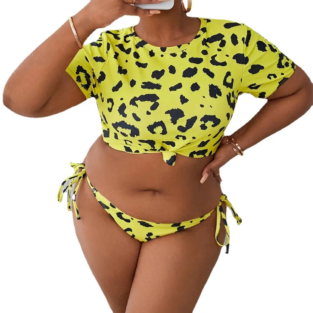 Hot Selling Plus Size Fat Girl In Micro Bikini Custom Two Piece Crop Top Short Sleeve Thong Swimwear Sexy OEM Leopard Swimsuit